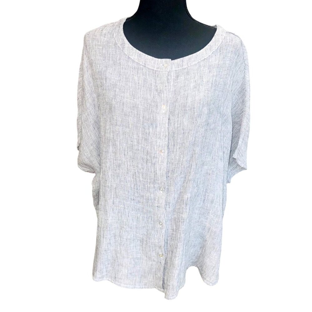 Tahari Woman S Oversized Lagenlook Artsy Light Gray Linen Button Front Blouse